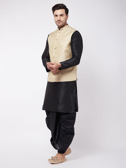 Vastramay Men's Black Silk Blend Jacket With Kurta Dhoti Set